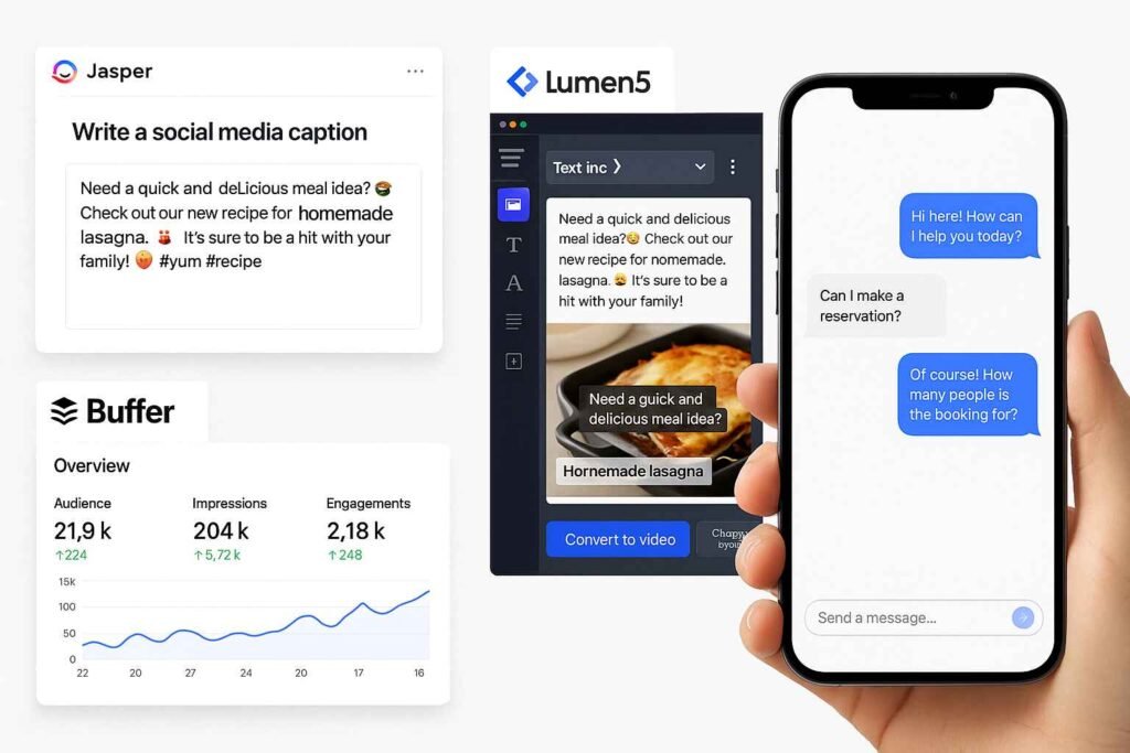 Examples of AI tools like Jasper, Lumen5, Buffer, and chatbots for social media