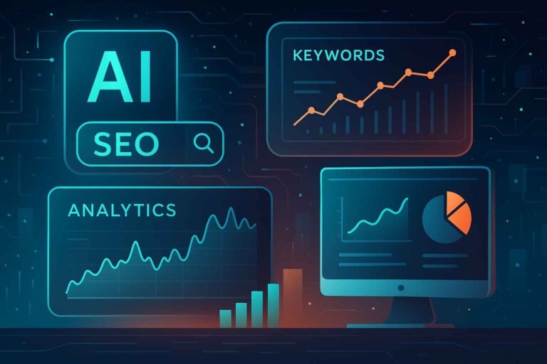 AI-powered SEO dashboard with futuristic analytics and keyword tools