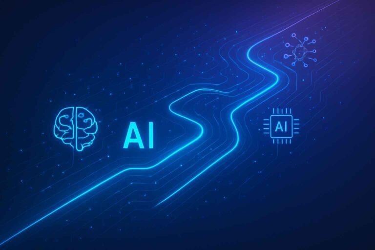 AI learning roadmap visualization with digital icons and futuristic tech design.