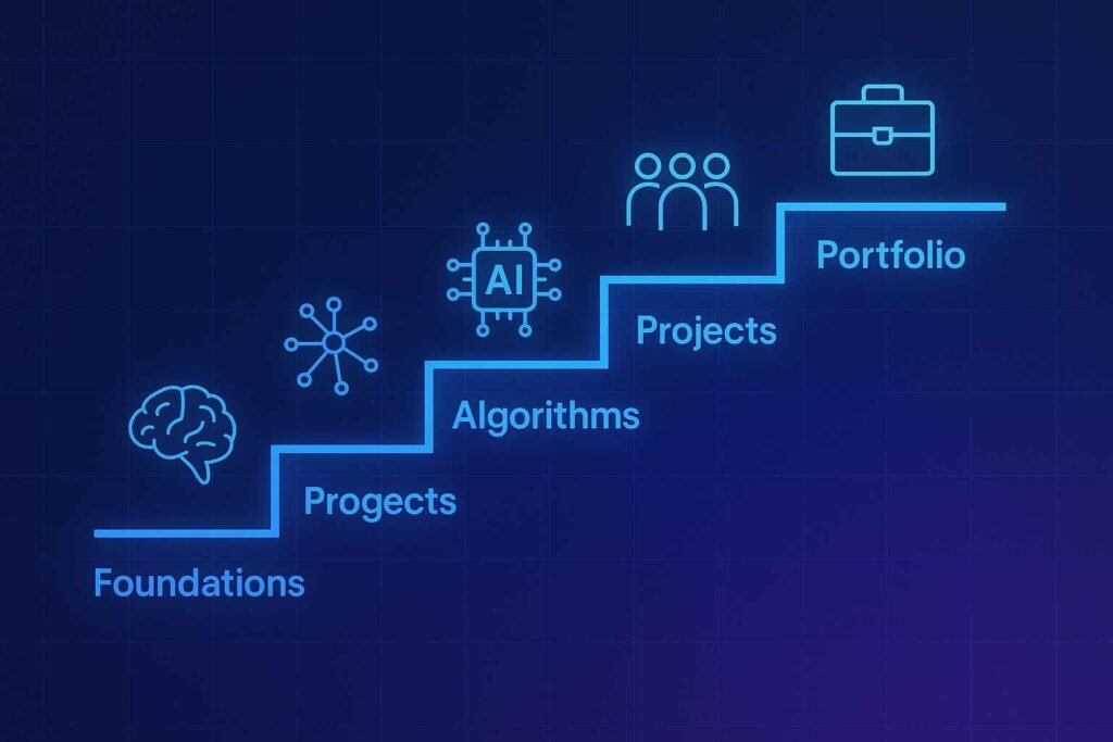 5-phase AI learning roadmap illustrated as a digital staircase.
