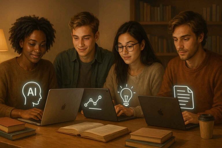 Students using AI tools to complete homework in a cozy study space