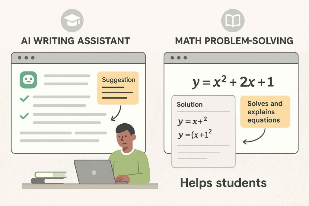 AI writing and math tools in action on a student’s screen