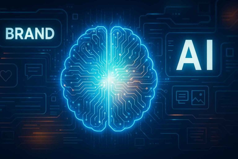 AI-powered digital brain surrounded by branding icons and data flows