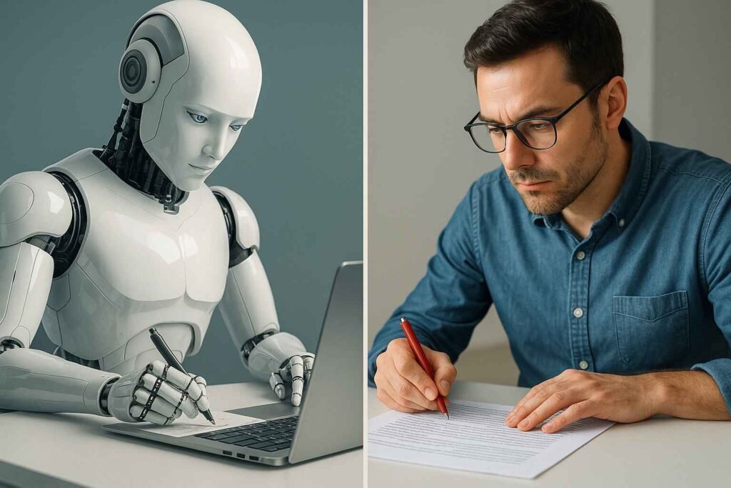 AI robot writing content with human editor making adjustments