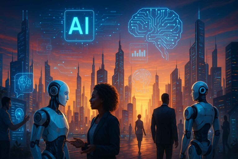 Futuristic AI-powered city with holograms and robots