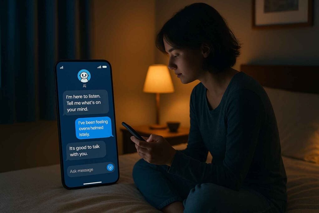 Person chatting with an AI mental health assistant on their phone