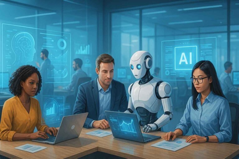 AI transforming modern jobs in a futuristic office