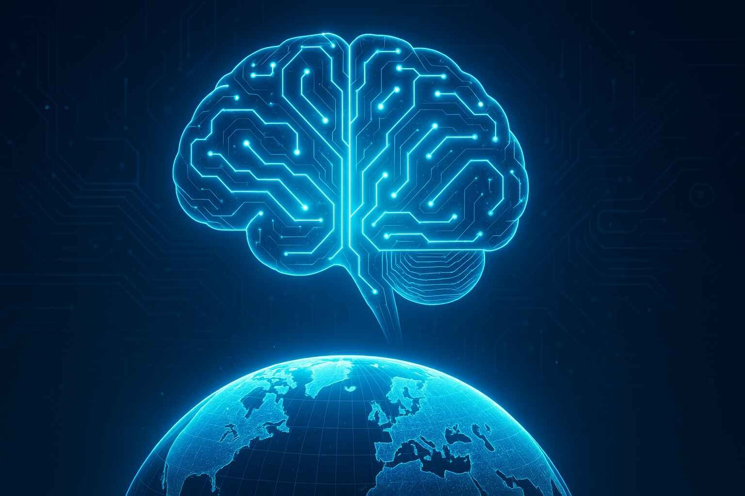 Futuristic AI brain over globe representing global artificial intelligence
