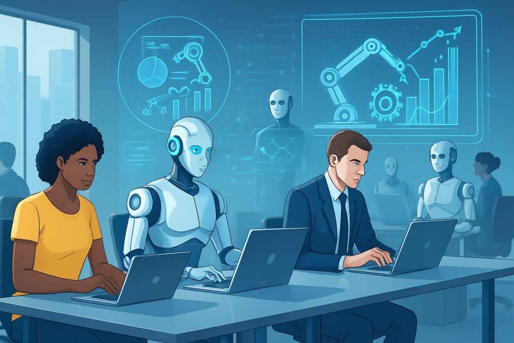 Illustrates AI’s impact on human employment and collaboration in the workspace.