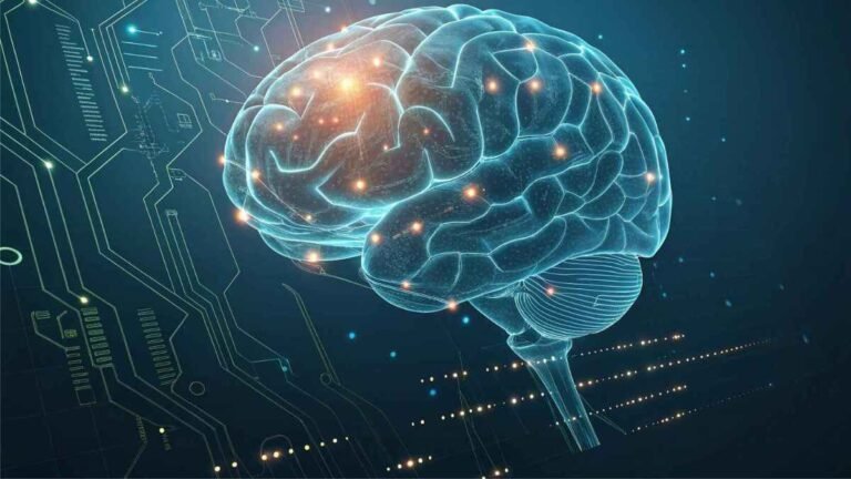Human and AI brain fused together with glowing circuits