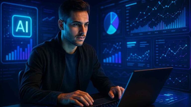 Futuristic digital marketer with AI-powered dashboards