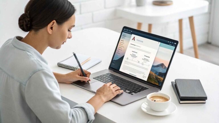 Blogger using AI writing tool on laptop at a modern workspace
