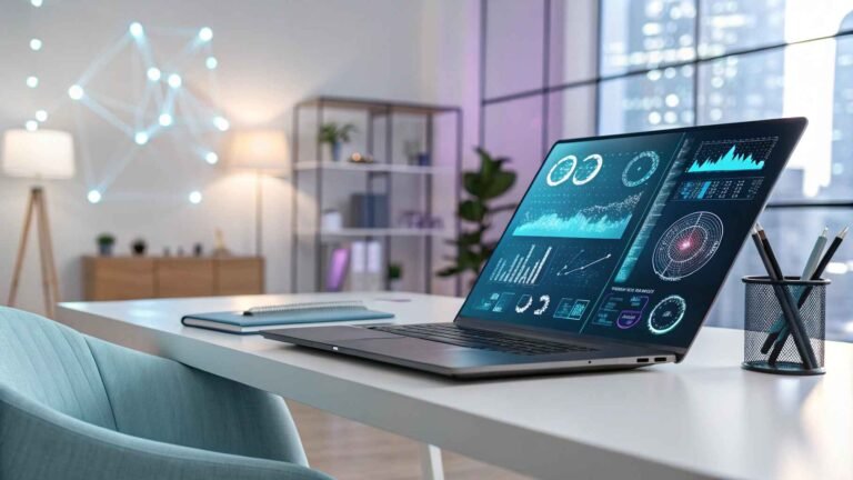 AI tools boosting productivity on a futuristic workspace screen
