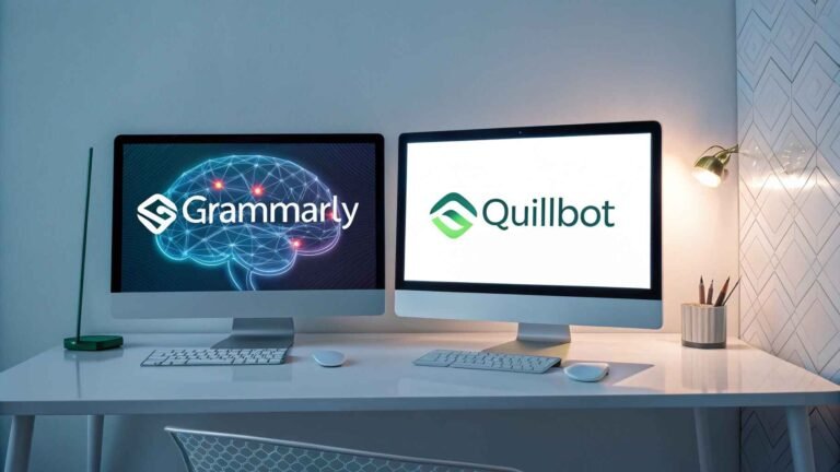 Grammarly vs QuillBot AI tools on digital screens with futuristic design