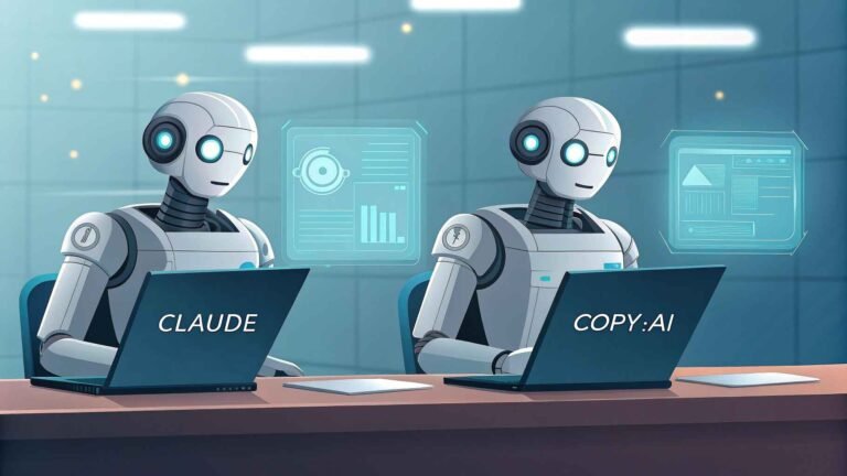 Claude vs Copy.ai AI writing tools illustrated as futuristic robots at workstations