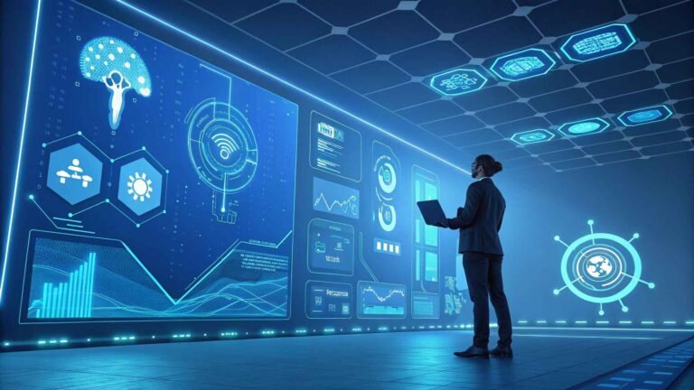 Futuristic digital interface showing autonomous AI agents and tools
