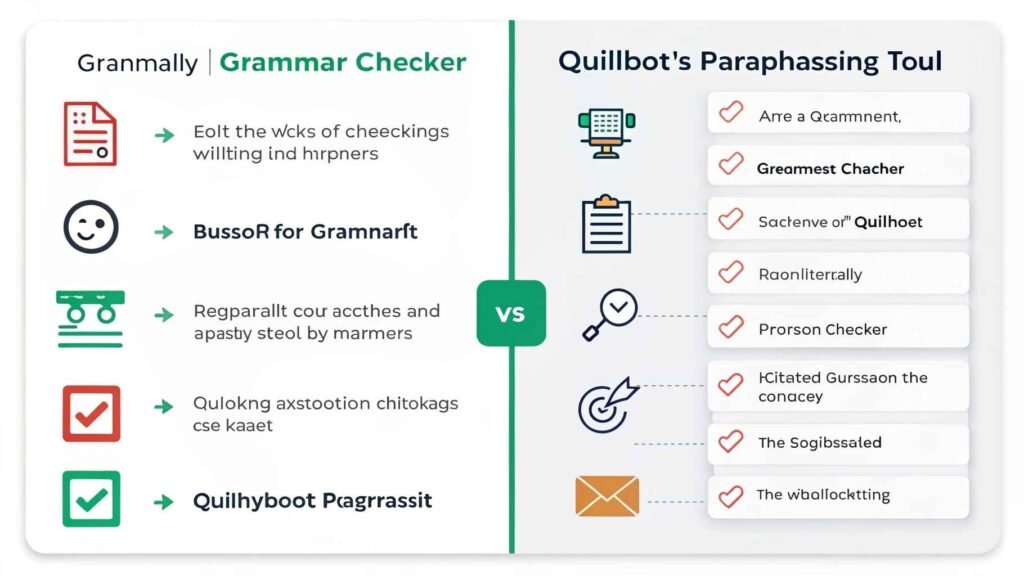 Infographic comparison of Grammarly grammar checker vs QuillBot rephraser