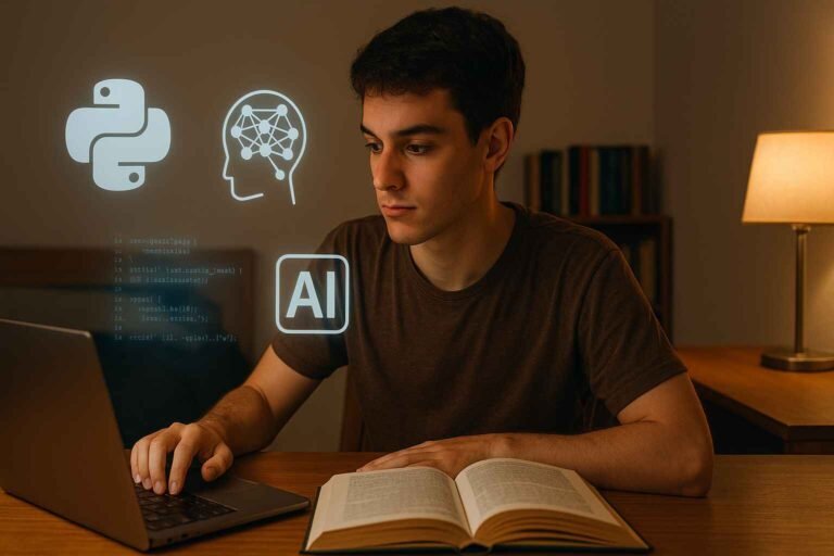Young person learning AI from scratch with digital tools and books.