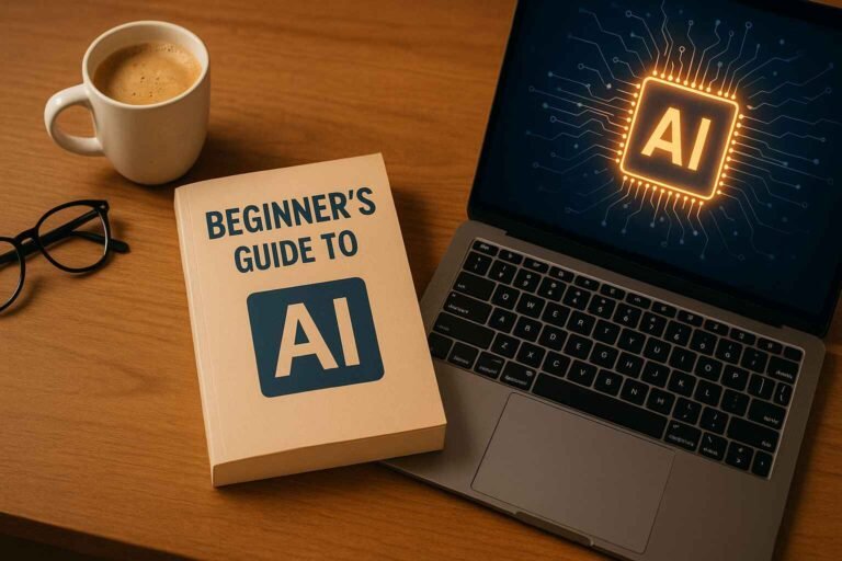 Beginner AI book with coffee and laptop showing AI concept.