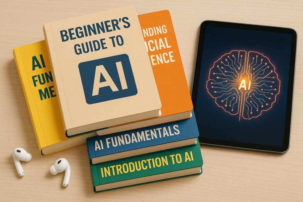 Stack of top-rated beginner AI books beside tablet with AI image.