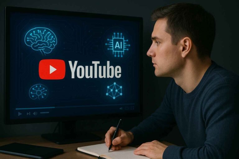 YouTube AI learning screen with futuristic design and student at desk