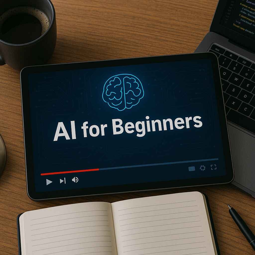 Laptop showing AI tutorial on YouTube with notes and code workspace