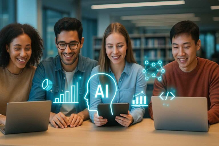 Group of students using AI tools to study in a modern digital environment