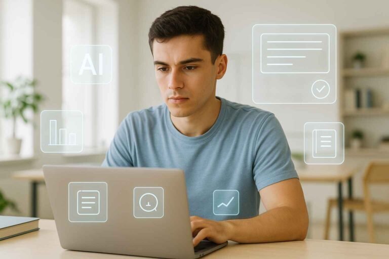 Student using AI-powered note-taking app in a modern workspace