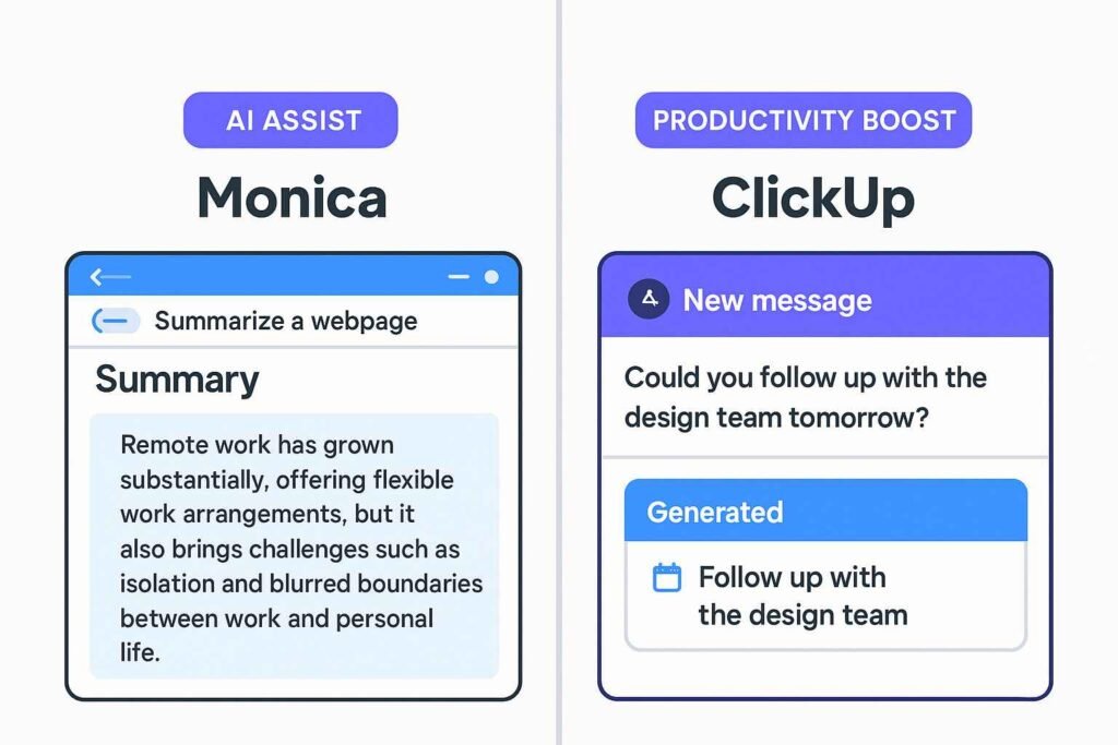 Monica and ClickUp AI extensions enhancing productivity in Chrome