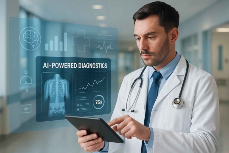Doctor using AI medical diagnostic tool in a hospital setting