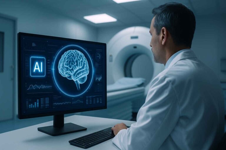 AI analyzing brain MRI in a modern hospital radiology room