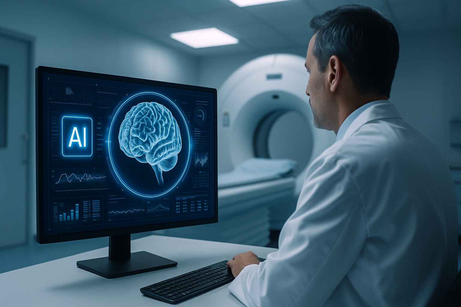 AI analyzing brain MRI in a modern hospital radiology room