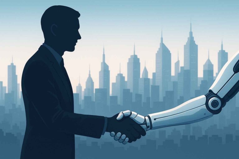 Human and AI collaboration symbolized by handshake over cityscape