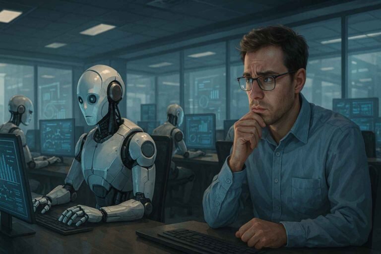 Robots working in an office representing job automation trends