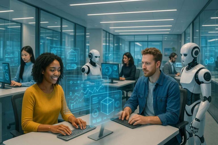 Modern AI workplace with humans and robots collaborating