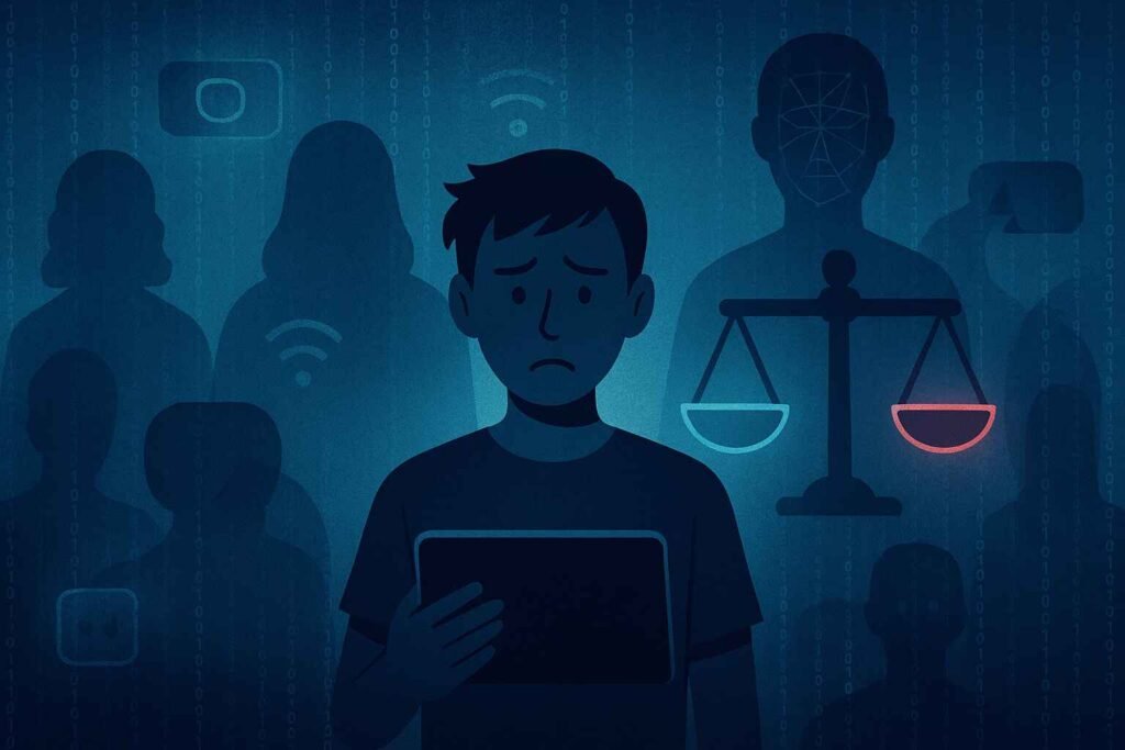 Person surrounded by abstract AI surveillance symbols representing data tracking
