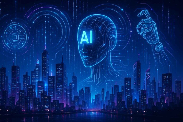 Futuristic city with artificial intelligence elements glowing at night.