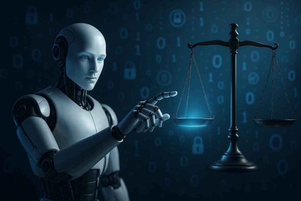 Humanoid AI facing ethical balance and justice decisions.