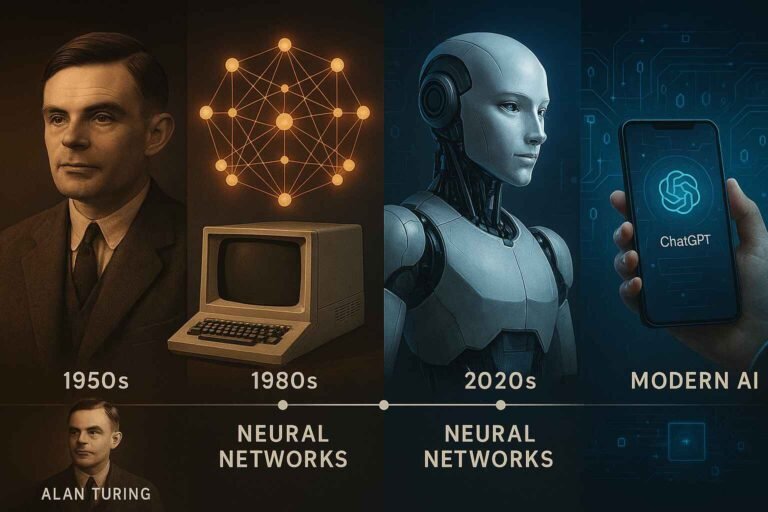 “Illustrated timeline of artificial intelligence history from Turing to ChatGPT”
