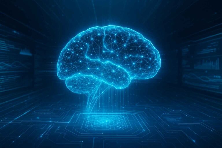 Futuristic glowing AI brain with neural networks and data streams