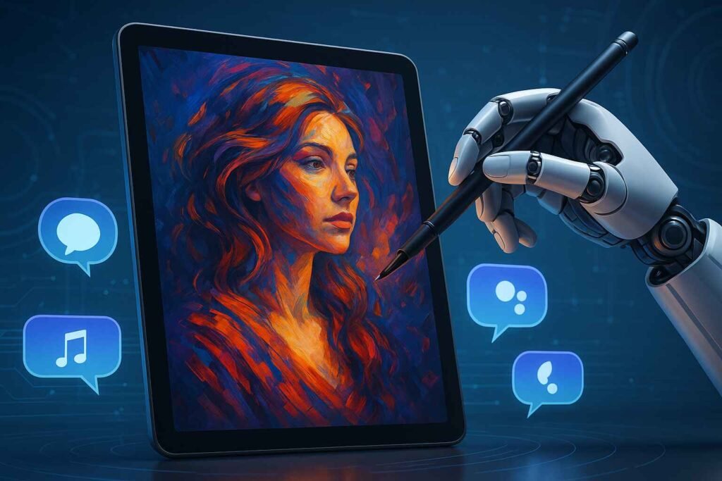 Robot hand creating digital AI artwork on a tablet screen