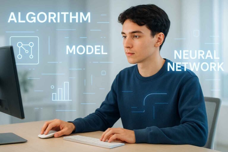 Beginner learning AI terms at computer with tech visuals