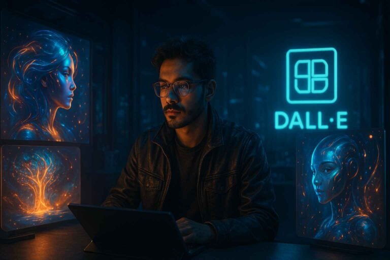 AI digital artist surrounded by Midjourney and DALL·E generated artworks