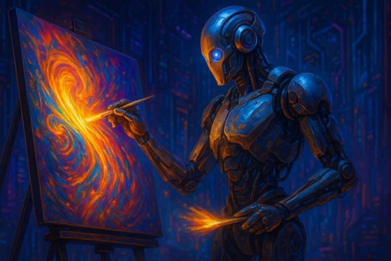 Futuristic AI robot creating art with light in a cyberpunk setting