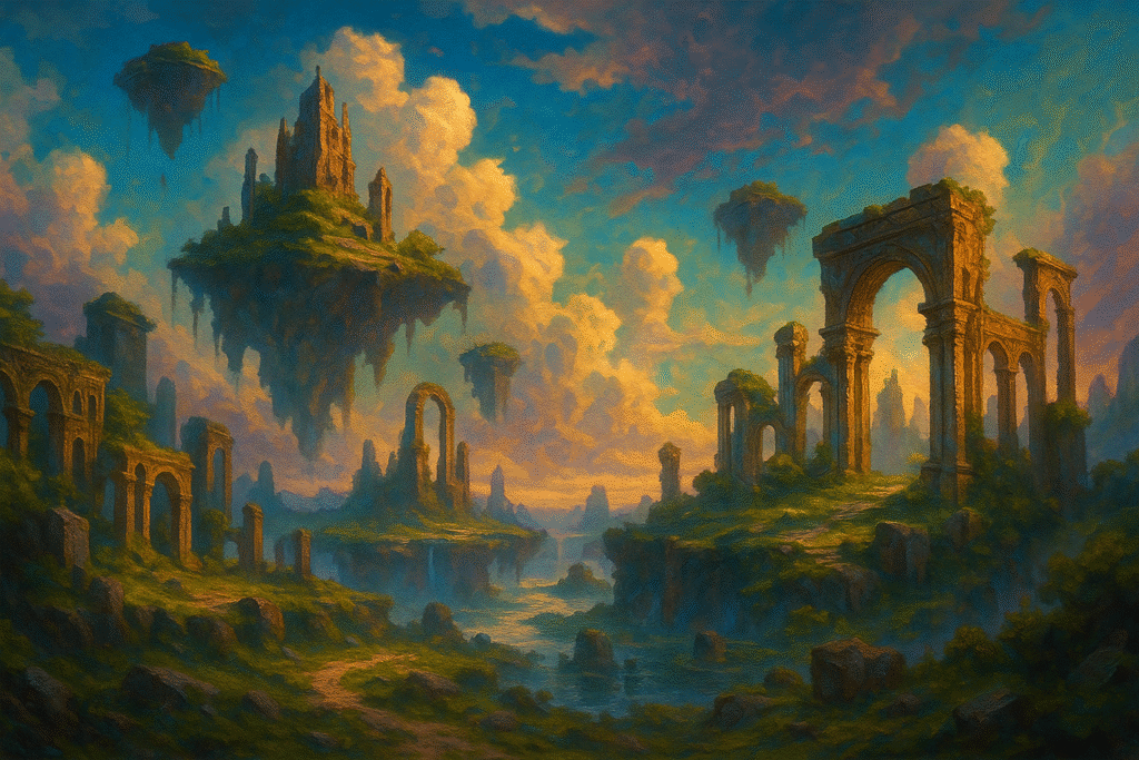 AI-generated fantasy landscape with floating islands and ruins