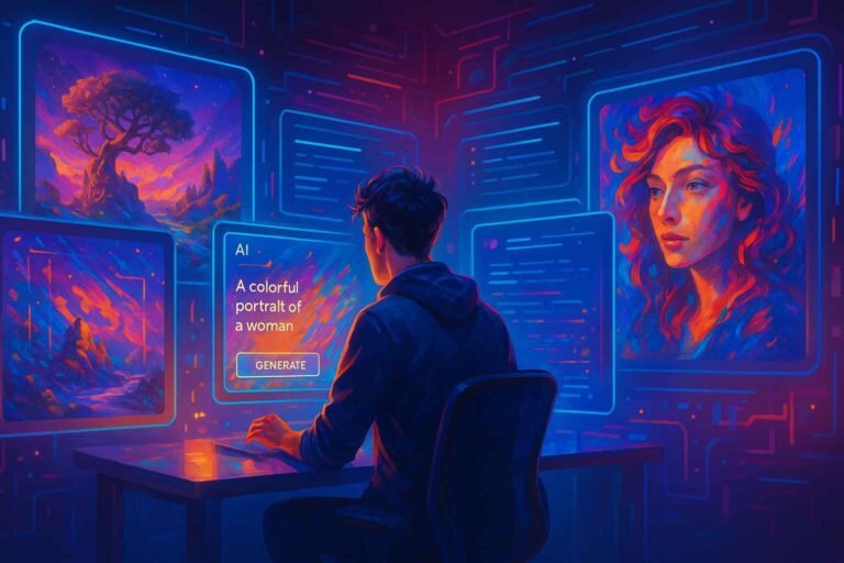 Digital artist using free AI image generators in a creative workspace.