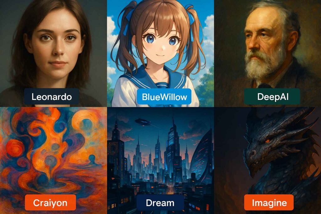 Side-by-side examples of images created by different free AI image generators.