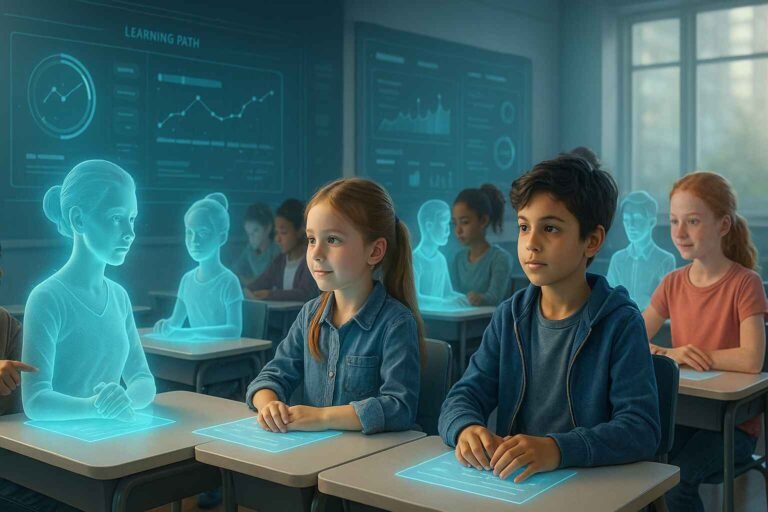 Diverse students using AI tools in a personalized smart classroom