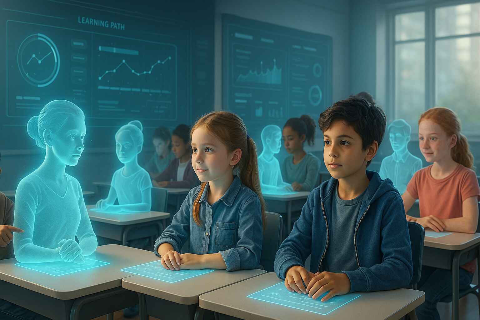 Diverse students using AI tools in a personalized smart classroom