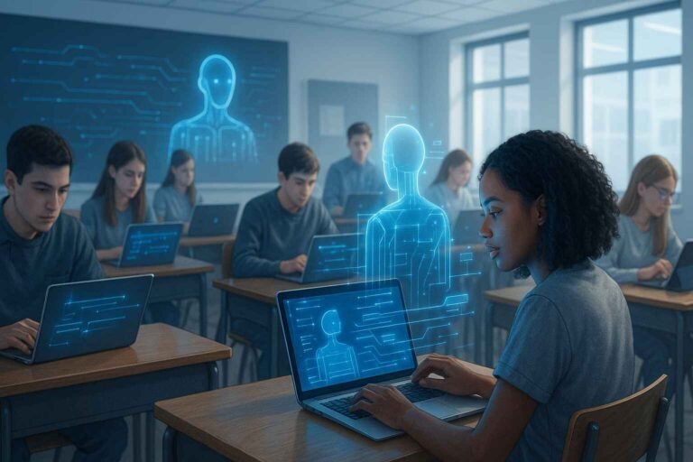 A futuristic classroom using AI-powered adaptive learning platforms